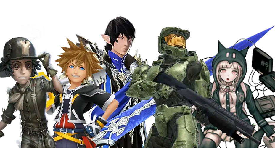 Characters from Identityv, Kingdom hearts,Final Fantasy XXIV, danganronpa and Halo.